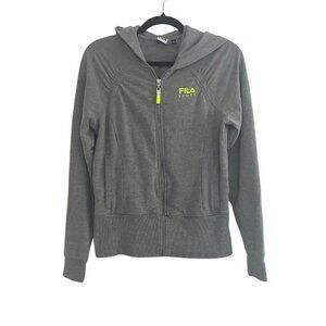 Fila Sport Grey Zip Hoodie Women's Size Small Bright Yellow Logo and Zip Tab